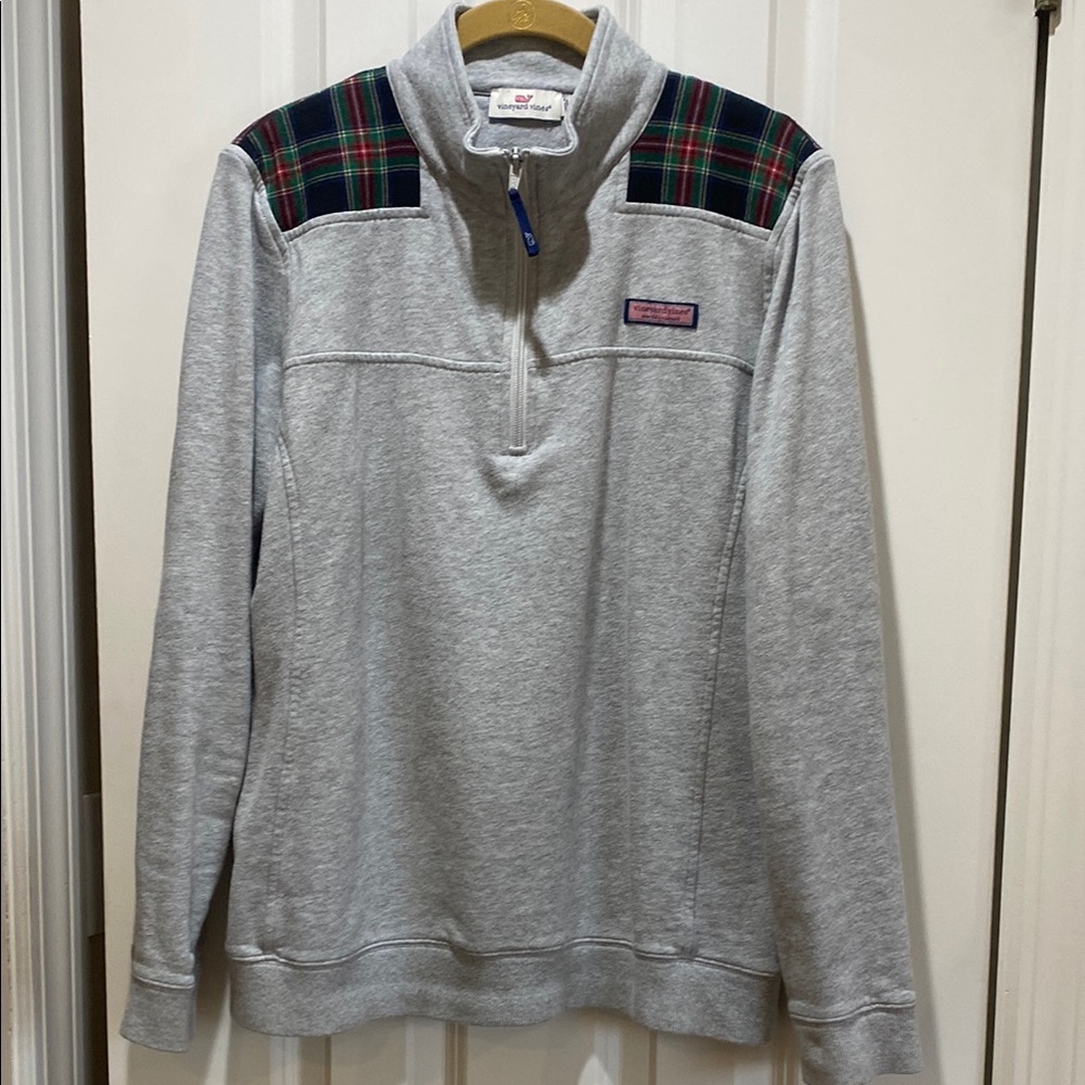 Vineyard Vines Gray Quarter-Zip Shep Shirt with Plaid Accents